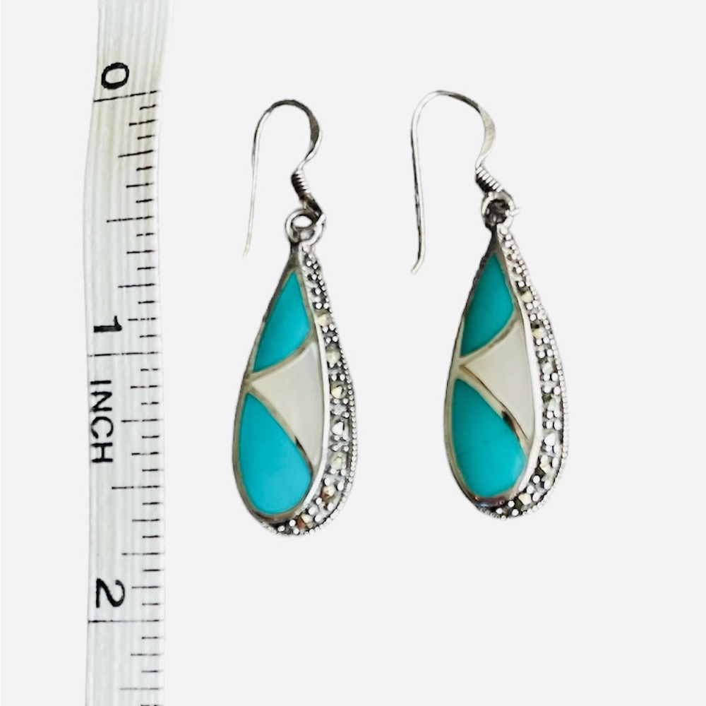 Turquoise Marcasite Pearl Inlay Silver Tear Drop Dangle Earrings. RARE!